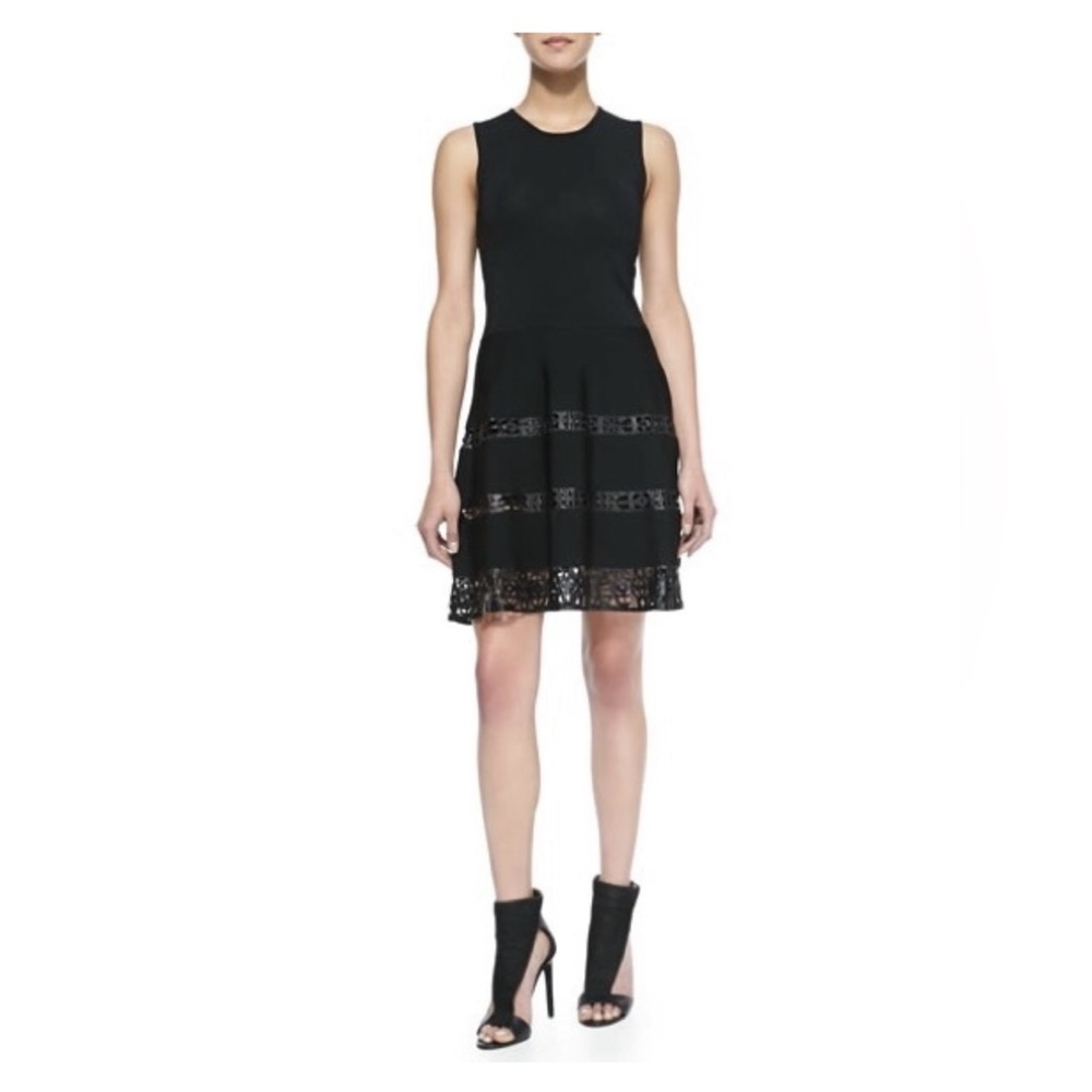 Parker Black Sz XS Lasercut Leather fit and flare dress